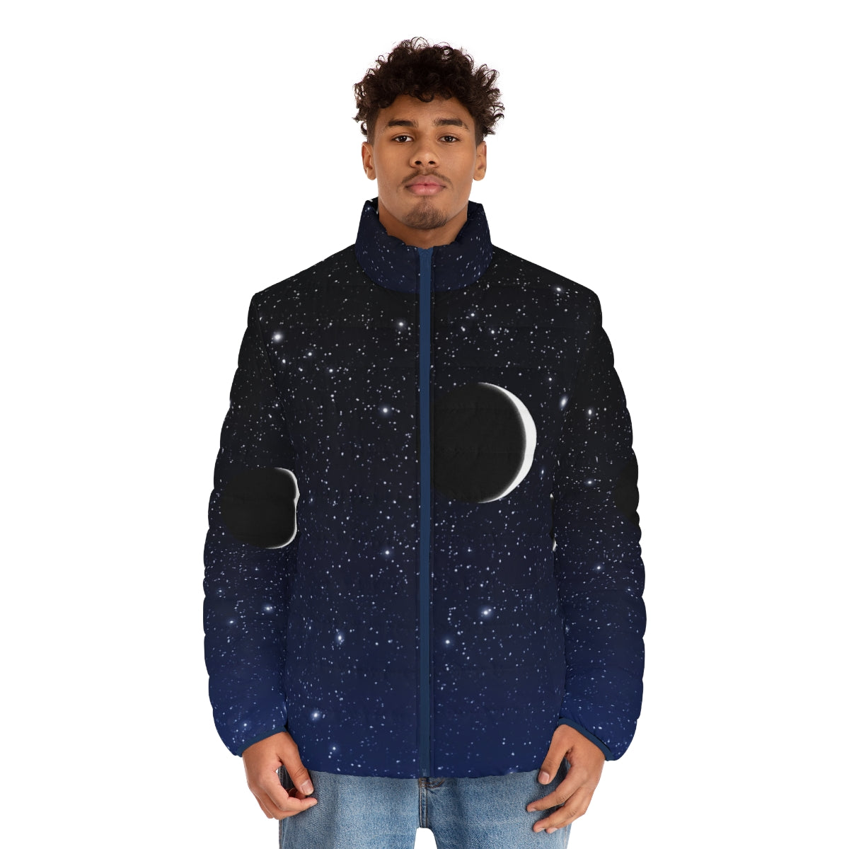 Midnight blue puffer jacket featuring a starry night sky and crescent moon design - men front