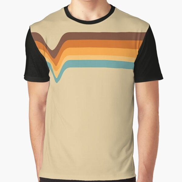 Vintage 70s style striped graphic t-shirt in orange, yellow, brown, and blue colors