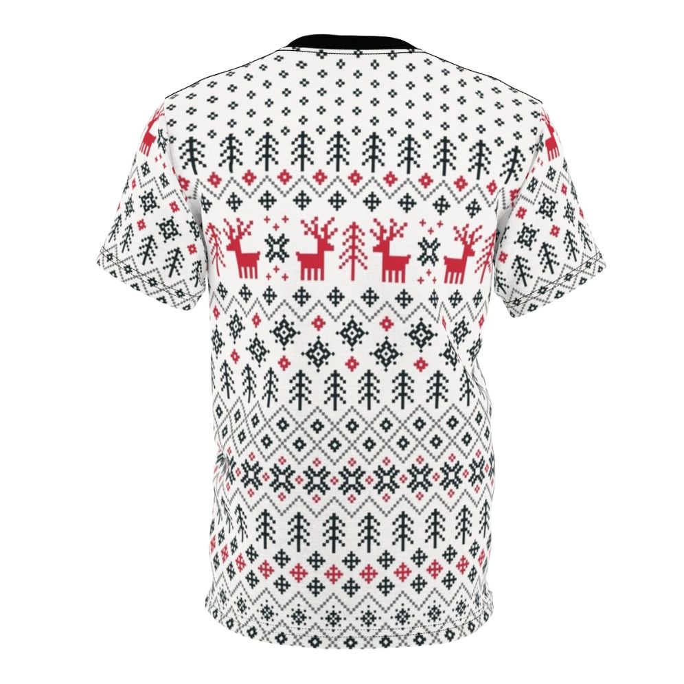 A graphic t-shirt featuring a cozy, retro-inspired holiday sweater pattern design. - Back