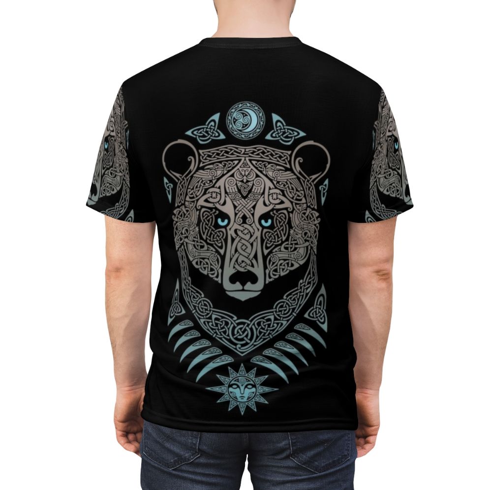 Mystical forest lord tribal t-shirt with Scandinavian mythology-inspired design featuring bears, owls, ravens, and Celtic knotwork - men back