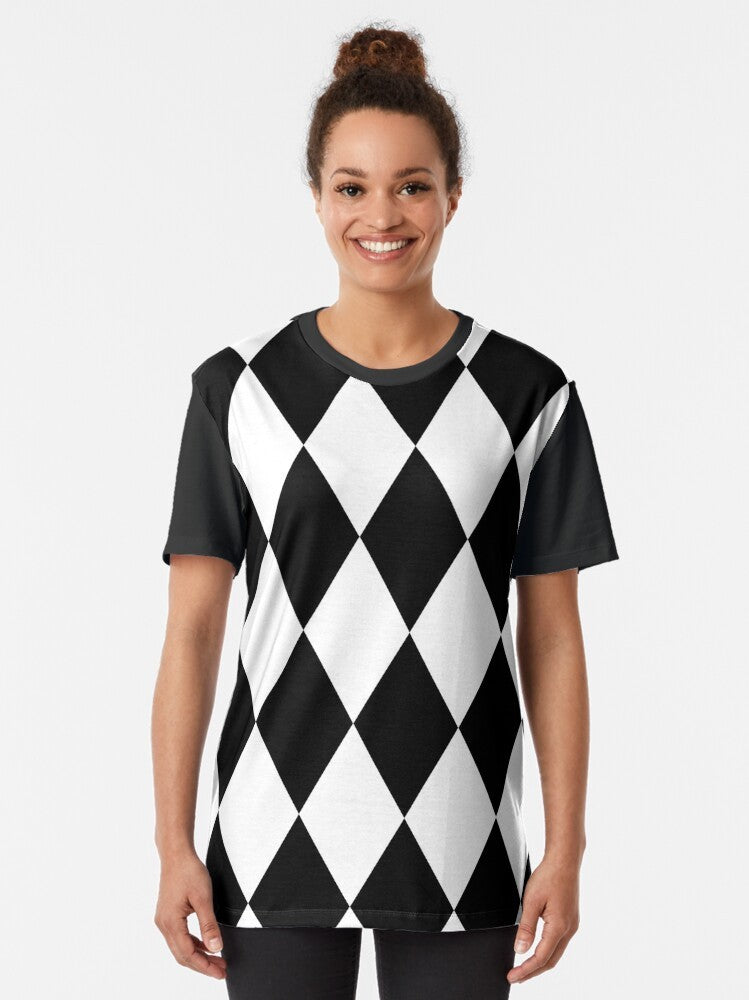 Harlequin Diamonds Graphic T-Shirt with a bold, monochrome diamond pattern - Women