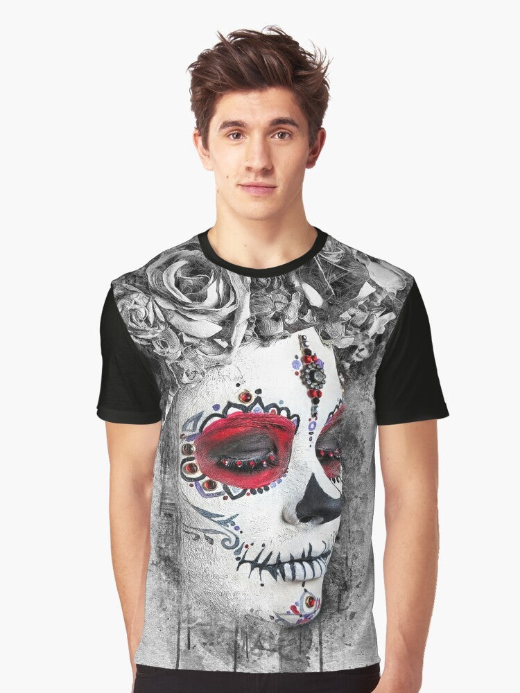 Boho-inspired graphic t-shirt featuring a sugar skull design in watercolor floral wreath - Men