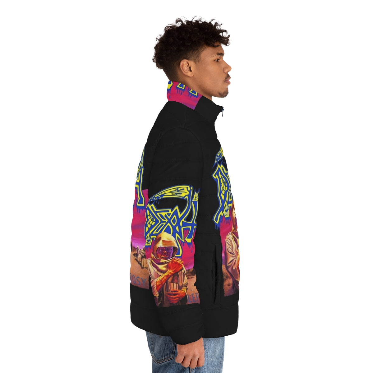 Death Leprosy branded oversized puffer jacket with metal-inspired design - men side right