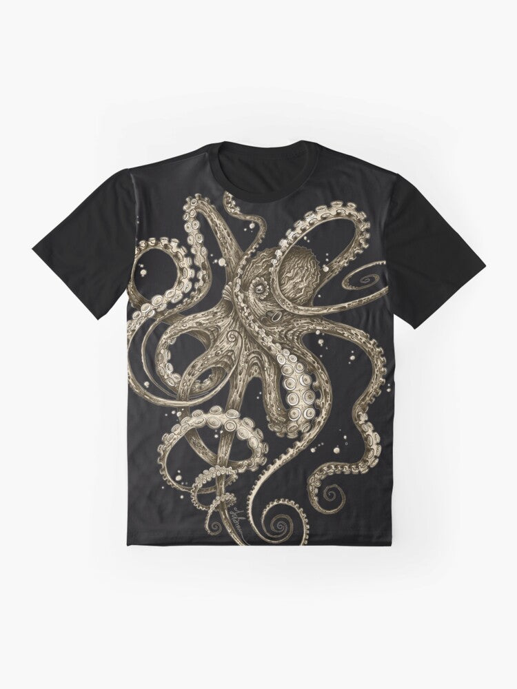 Psychedelic octopus graphic in sepia tones on a t-shirt - Flat lay