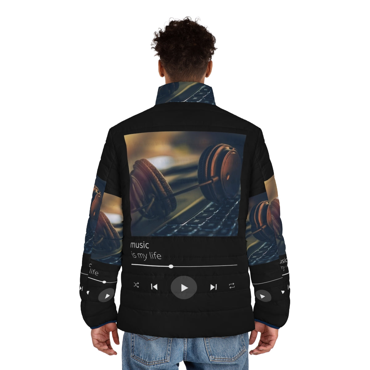 Music Lover's Puffer Jacket with Musical Notes and Treble Clef Design - men back