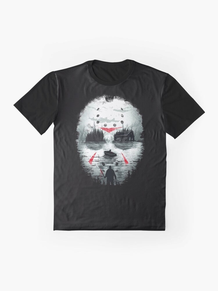 Friday the 13th horror movie graphic t-shirt featuring Jason Voorhees illustration - Flat lay