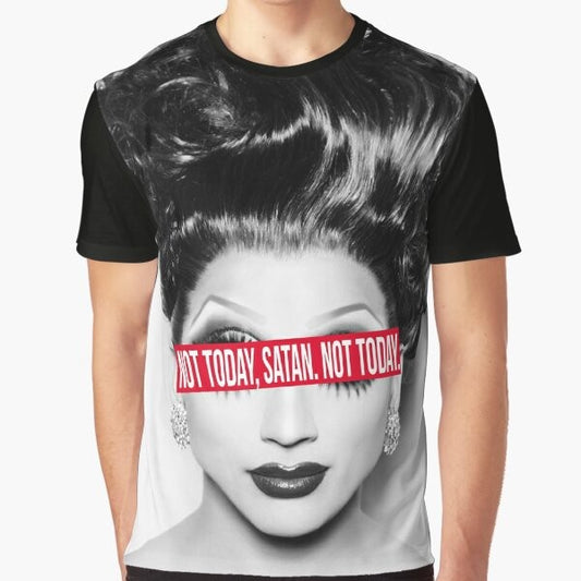 Graphic t-shirt with the text "Not Today, Satan. Not Today." for RuPaul's Drag Race fans.