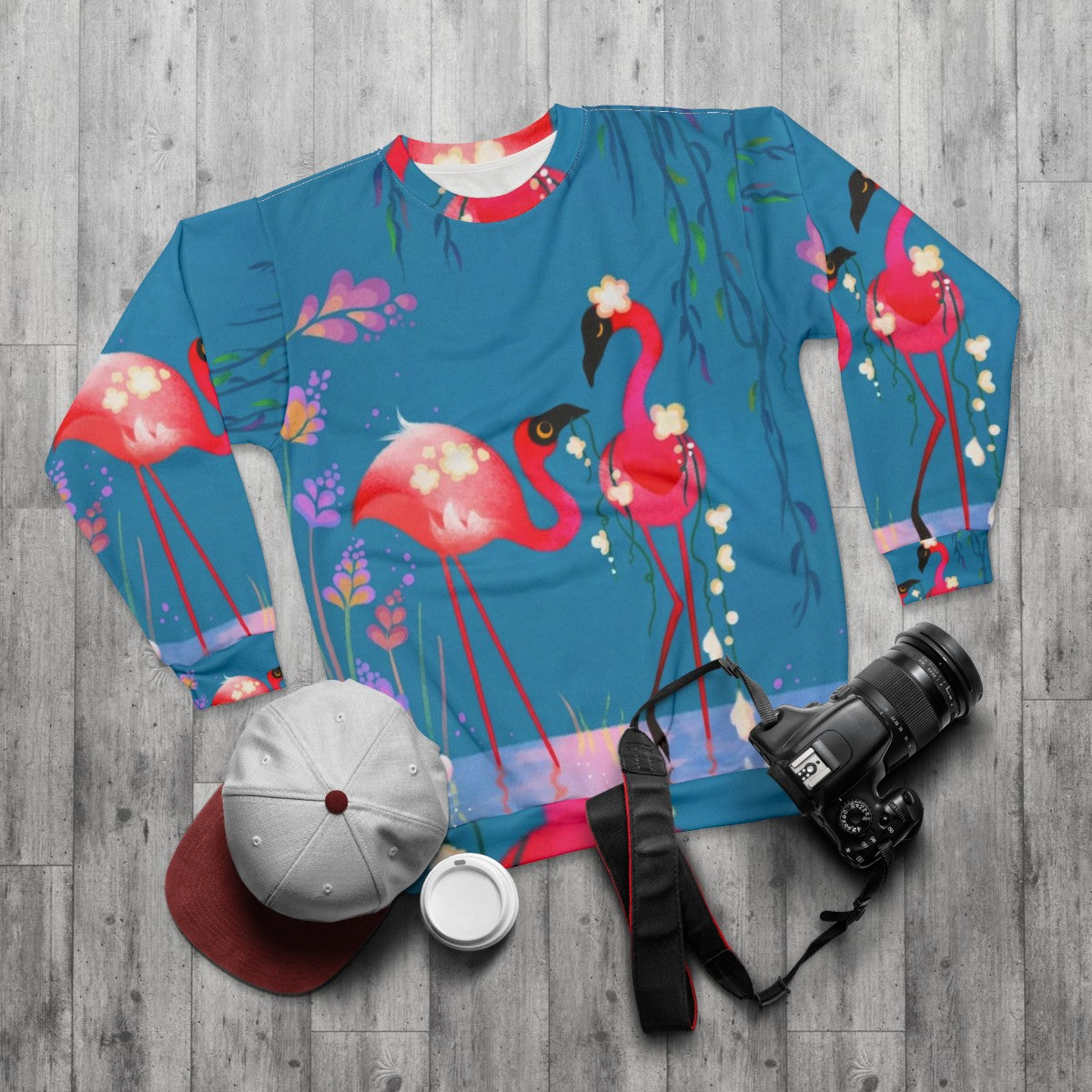 Floral flamingo hooded sweatshirt - flat lay