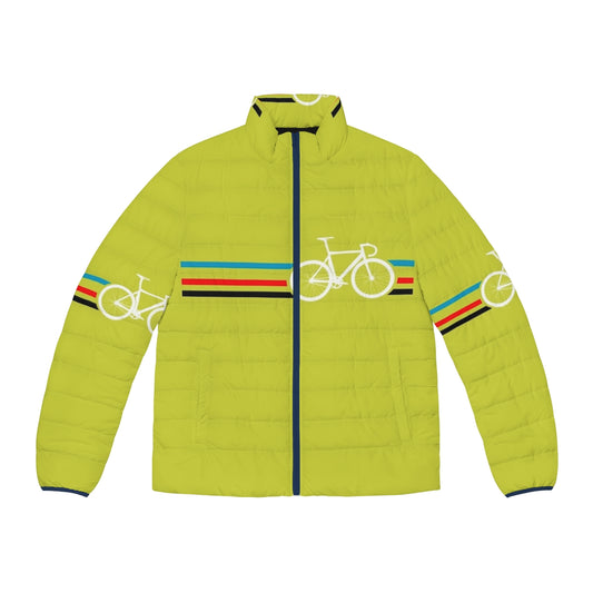 Retro bike puffer jacket with velodrome cycling motif