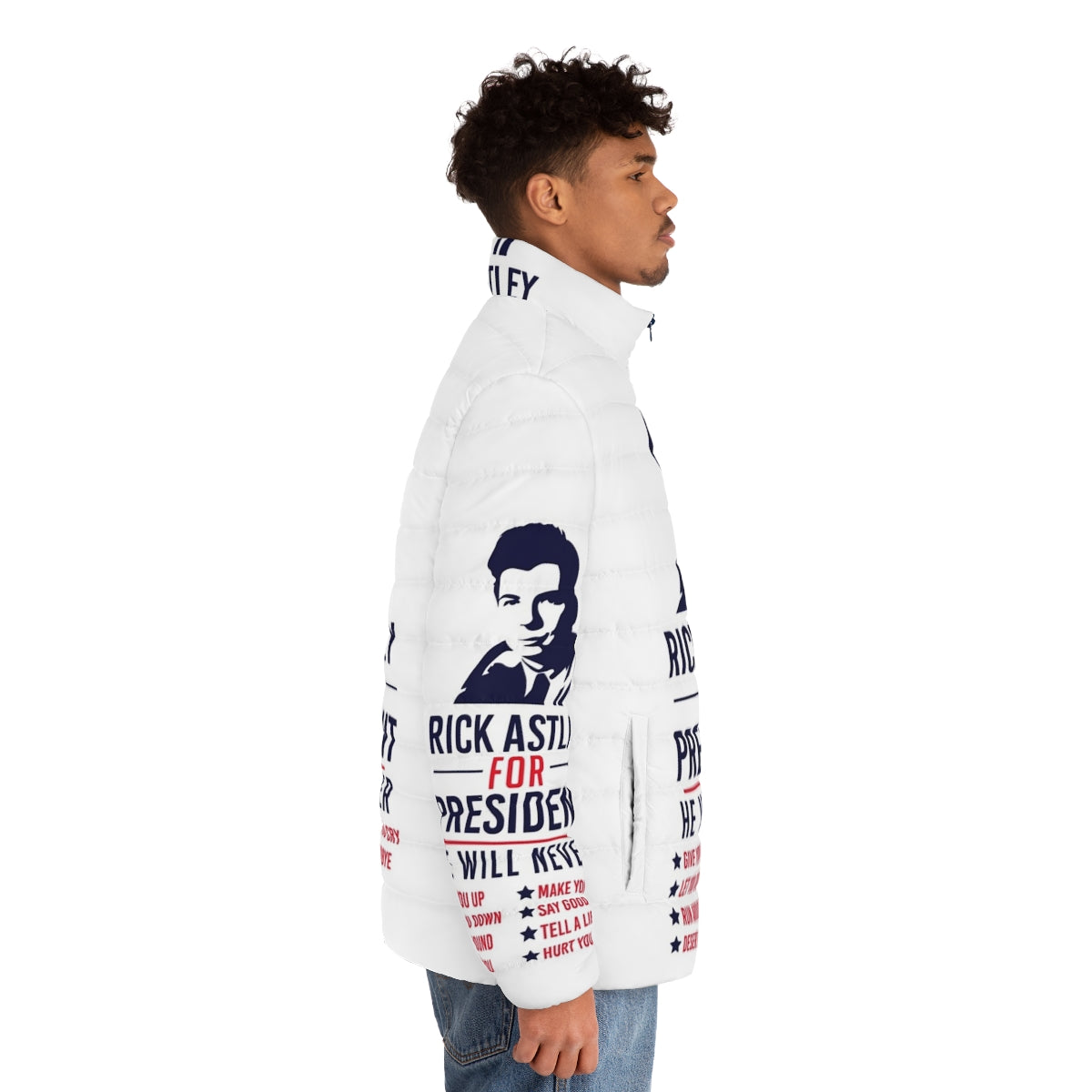 Rick Astley Puffer Jacket with political campaign design - men side right