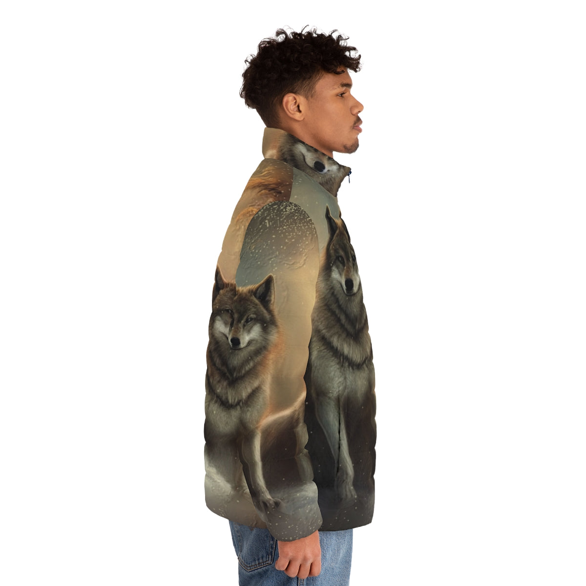 A warm puffer jacket featuring an original wolf design for winter outdoor activities - men side right