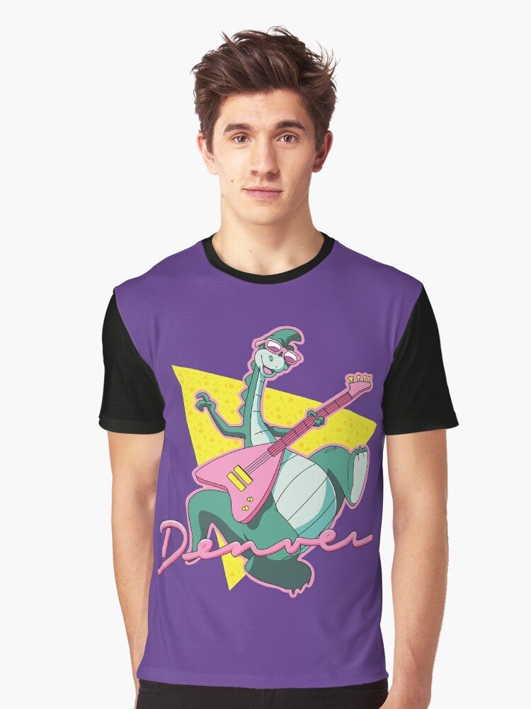 Retro 80s cartoon-style graphic t-shirt featuring "The Last Dinosaur", a nostalgic dinosaur character from the 1980s. - Men