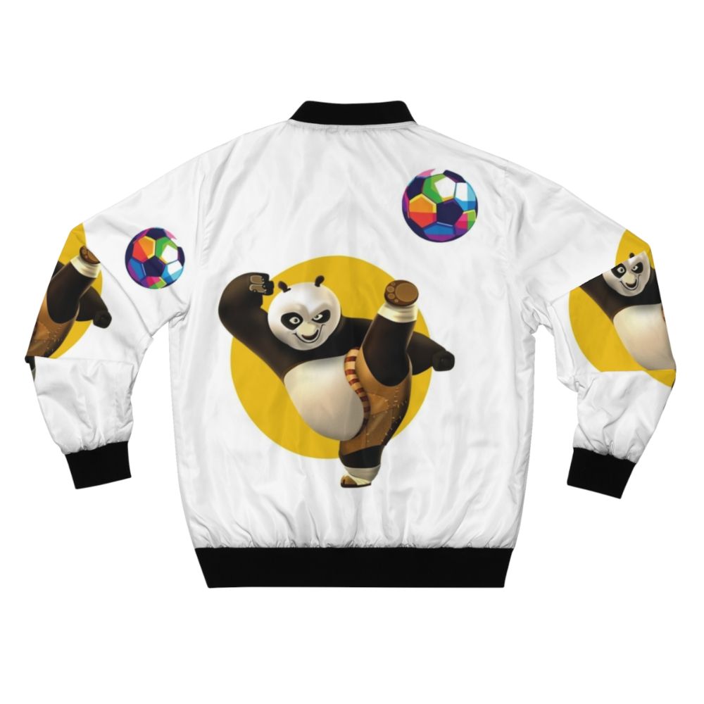 A colorful and cute bomber jacket featuring a panda playing soccer in a space-themed design. - Back