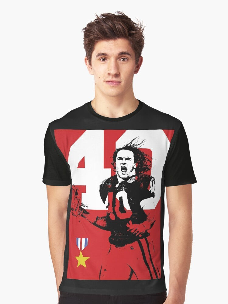 A graphic t-shirt featuring a tribute to Arizona Cardinals player and Army Ranger Pat Tillman, who was killed in action on September 11th. - Men