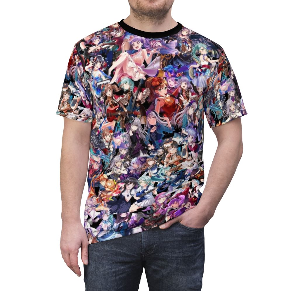 Anime-style illustration of the Roselia band from the Bang Dream franchise on a t-shirt - men front