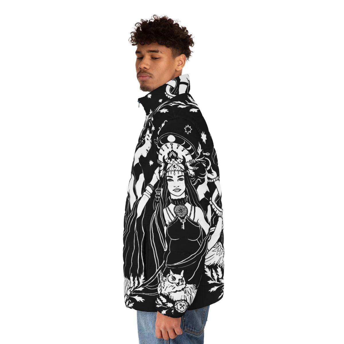 Hekate Triple Goddess puffer jacket featuring a bold and mystical design - men side left