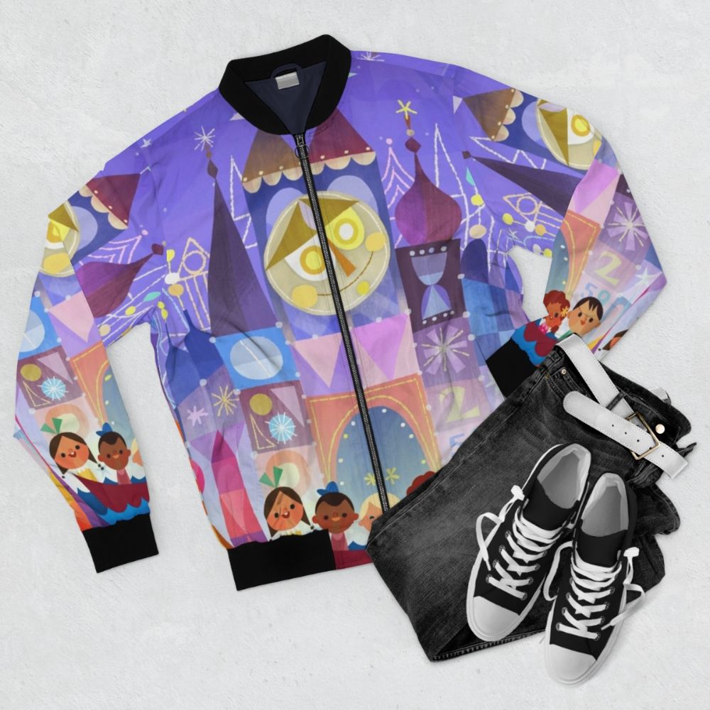 Bomber jacket with Disney 'It's a Small World' theme park design - Flat lay