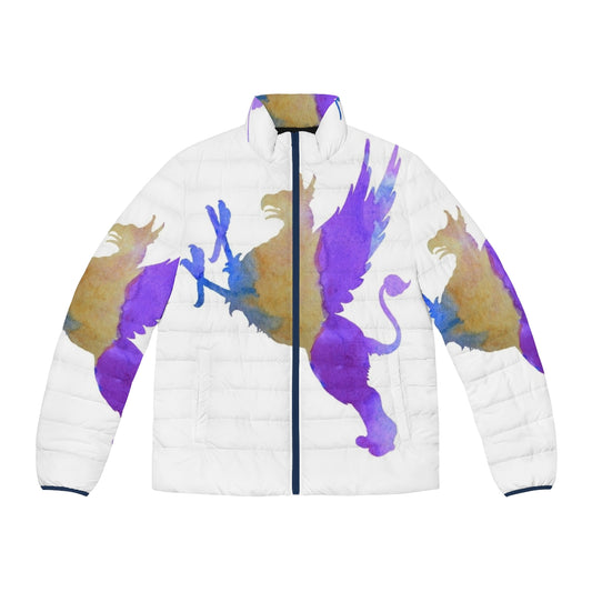 Gryphon Puffer Jacket with vibrant abstract art design