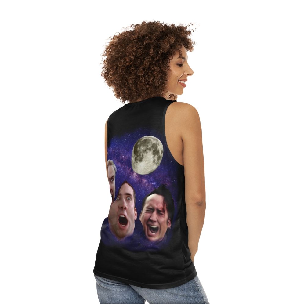 Unisex tank top featuring a Three Cage Moon meme design - women back