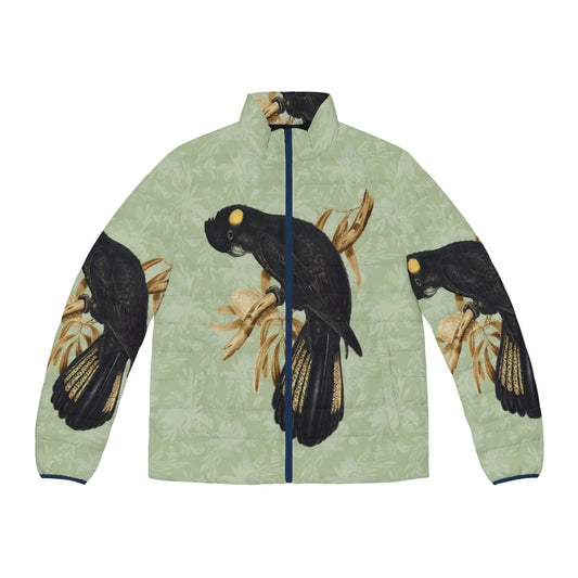 Puffer jacket featuring a vibrant yellow tailed black cockatoo design, inspired by Australian native birds