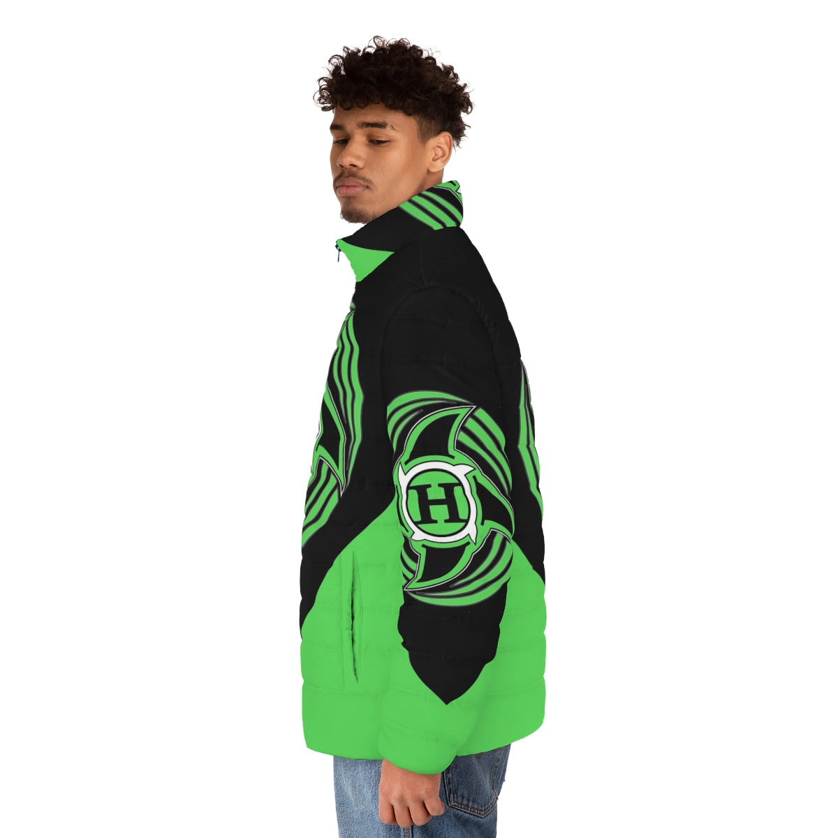 The Hurricane Puffer Jacket - Retro wrestling inspired green puffer jacket - men side left