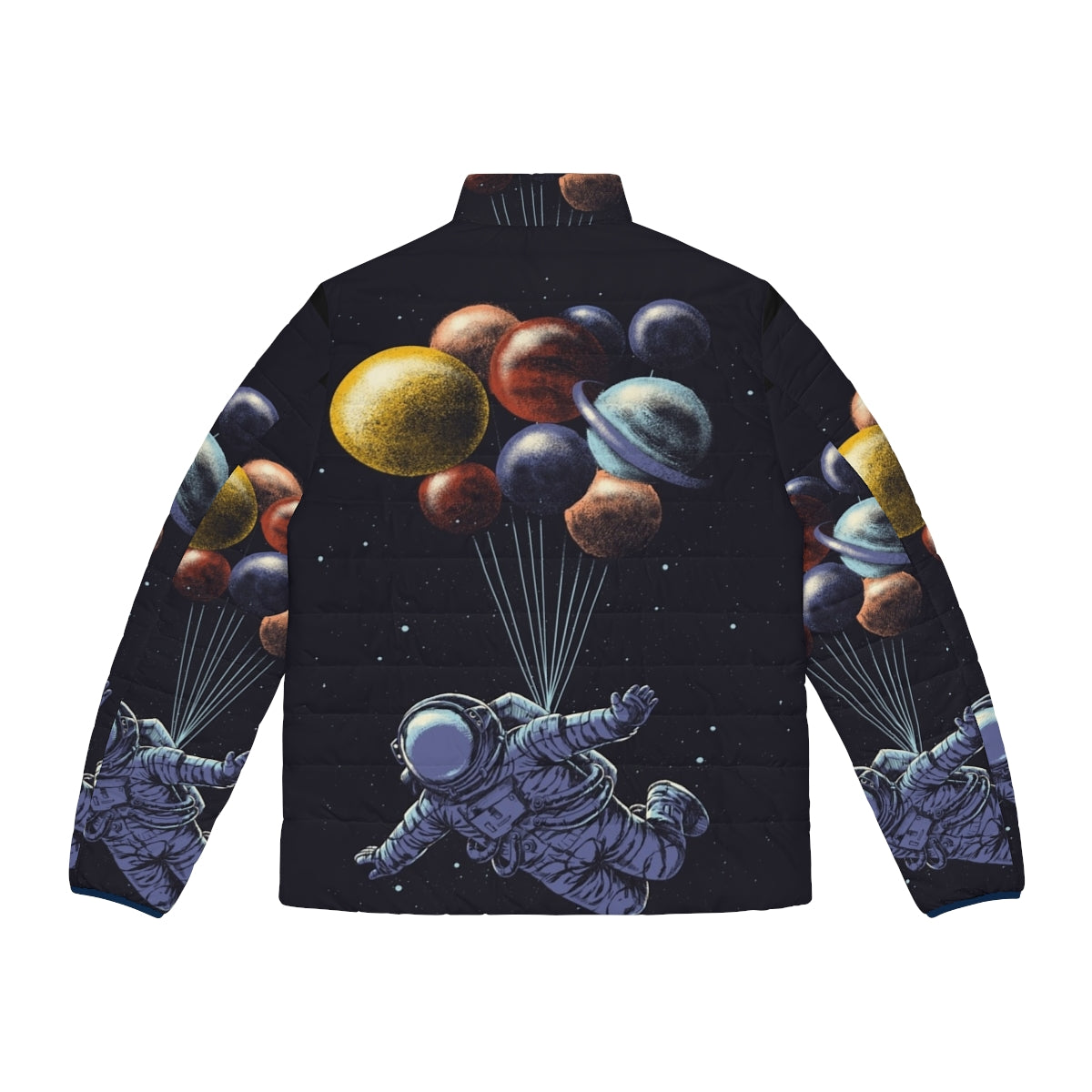 Astronaut in a colorful space travel puffer jacket floating among planets and stars - Back