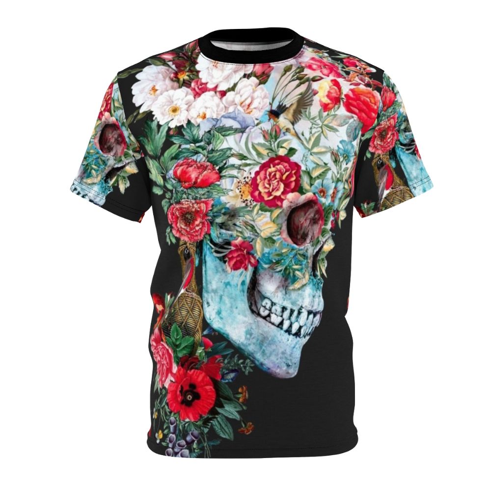 A surreal graphic t-shirt featuring a collage of gothic imagery including a skull, flowers, and other natural elements.