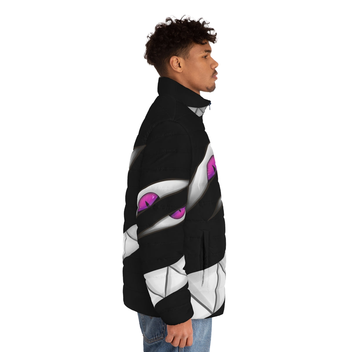 Anime-inspired pride puffer jacket with Fullmetal Alchemist homunculus design - men side right