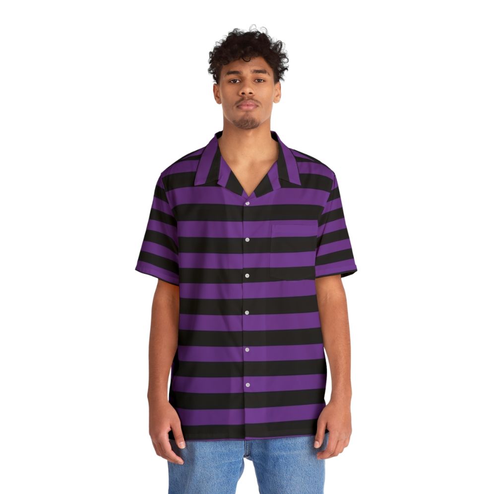 Purple and black striped Hawaiian shirt with a bold, vibrant pattern - People Front