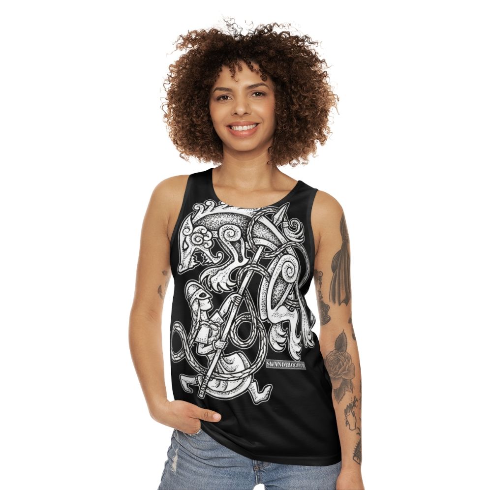 Shieldmaiden Huntress Unisex Tank Top featuring a wolf design - women