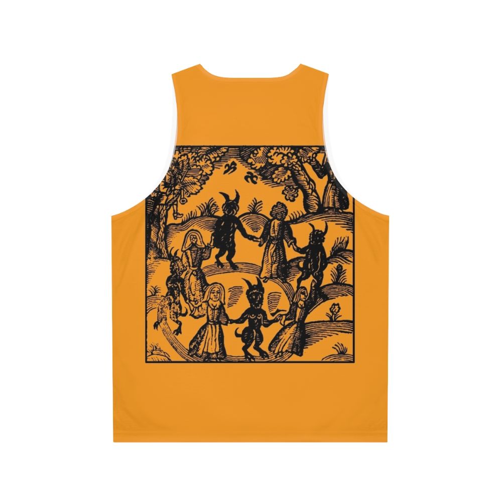 A unisex tank top with a gothic, occult-inspired skeleton dancing design - Back