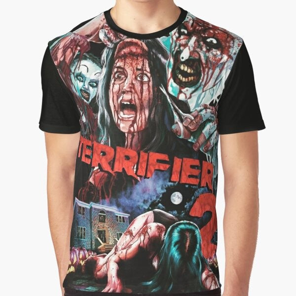 Terrifier 2 horror movie graphic t-shirt with Art the Clown and other characters