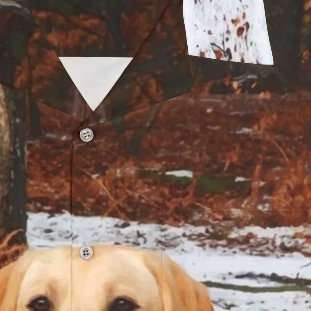 Colorful Hawaiian-style shirt featuring a vibrant yellow labrador retriever - Detail