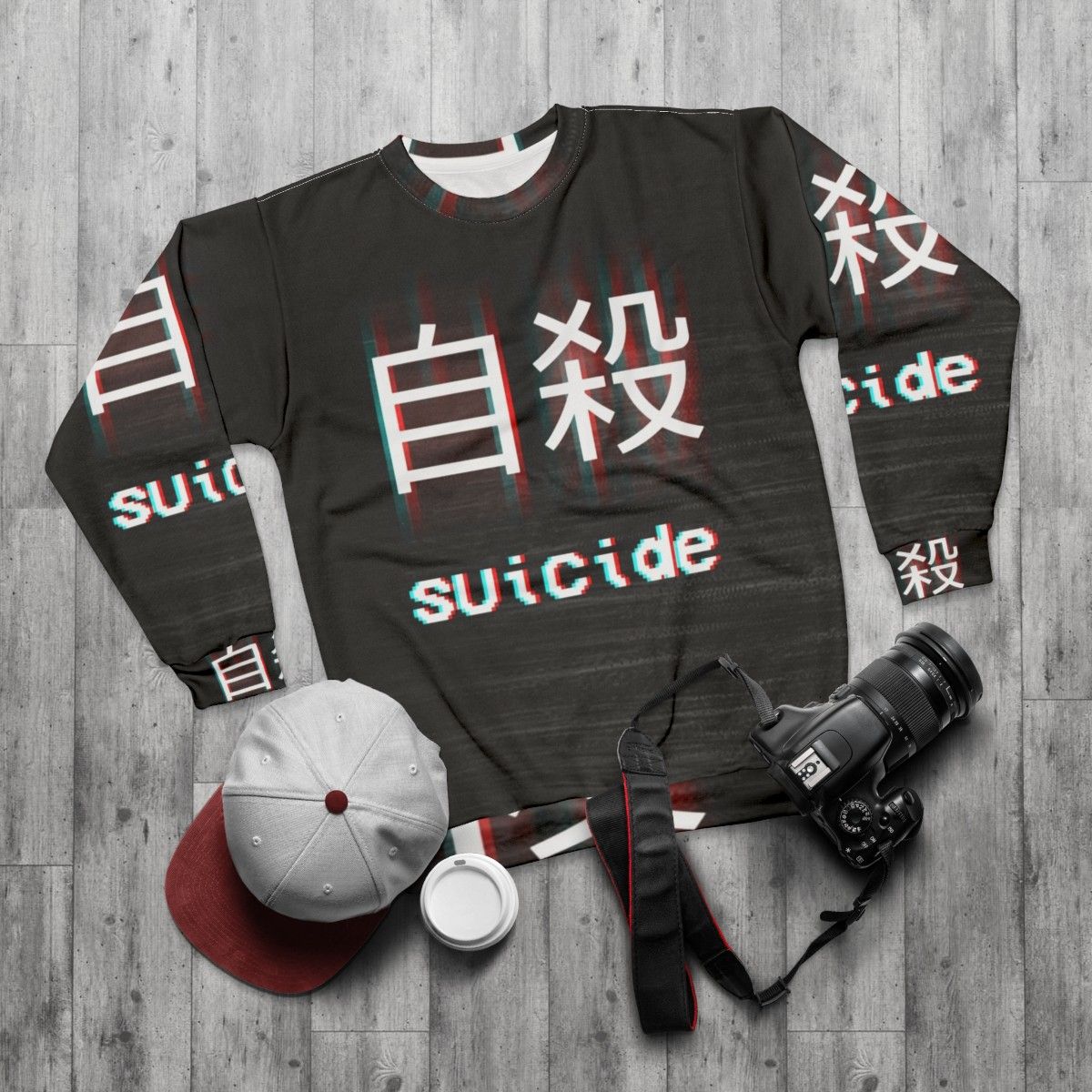 Vaporwave Japanese streetwear sweatshirt with depression awareness design - flat lay