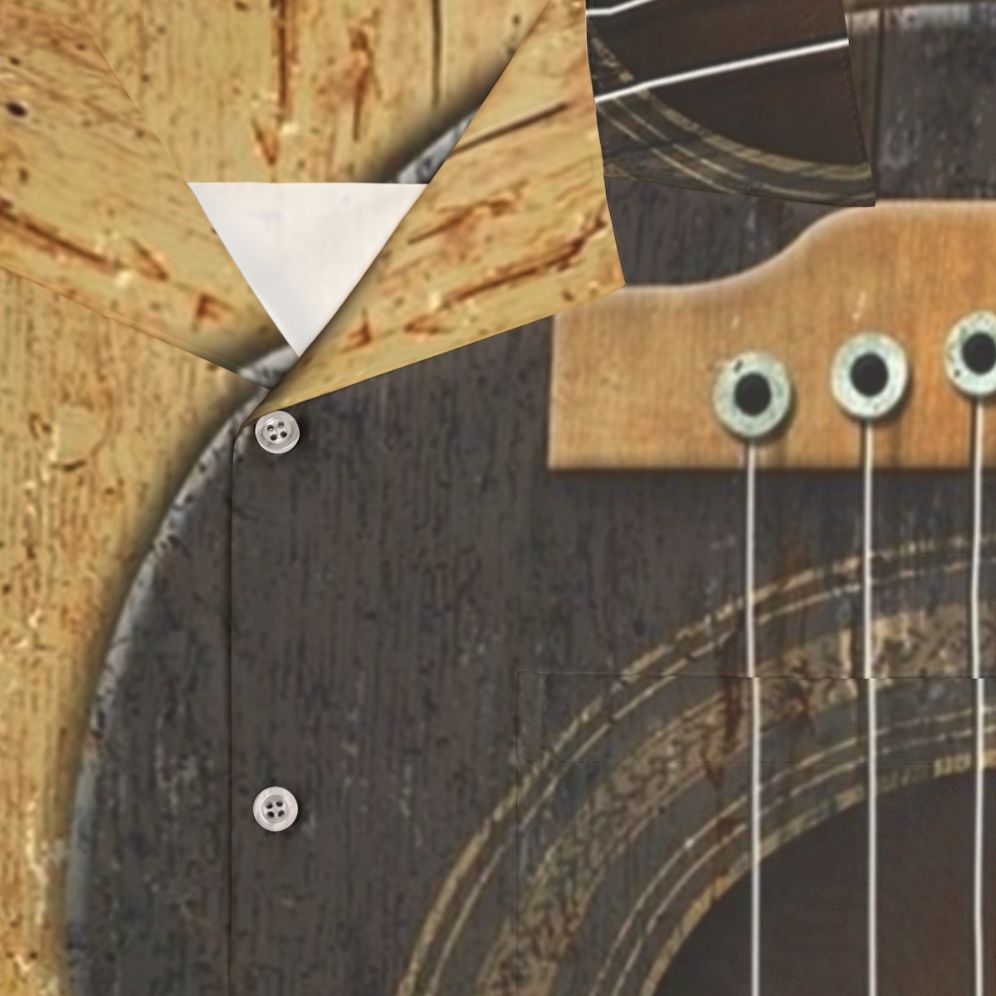 Vintage acoustic guitar with yin yang design on Hawaiian shirt - Detail