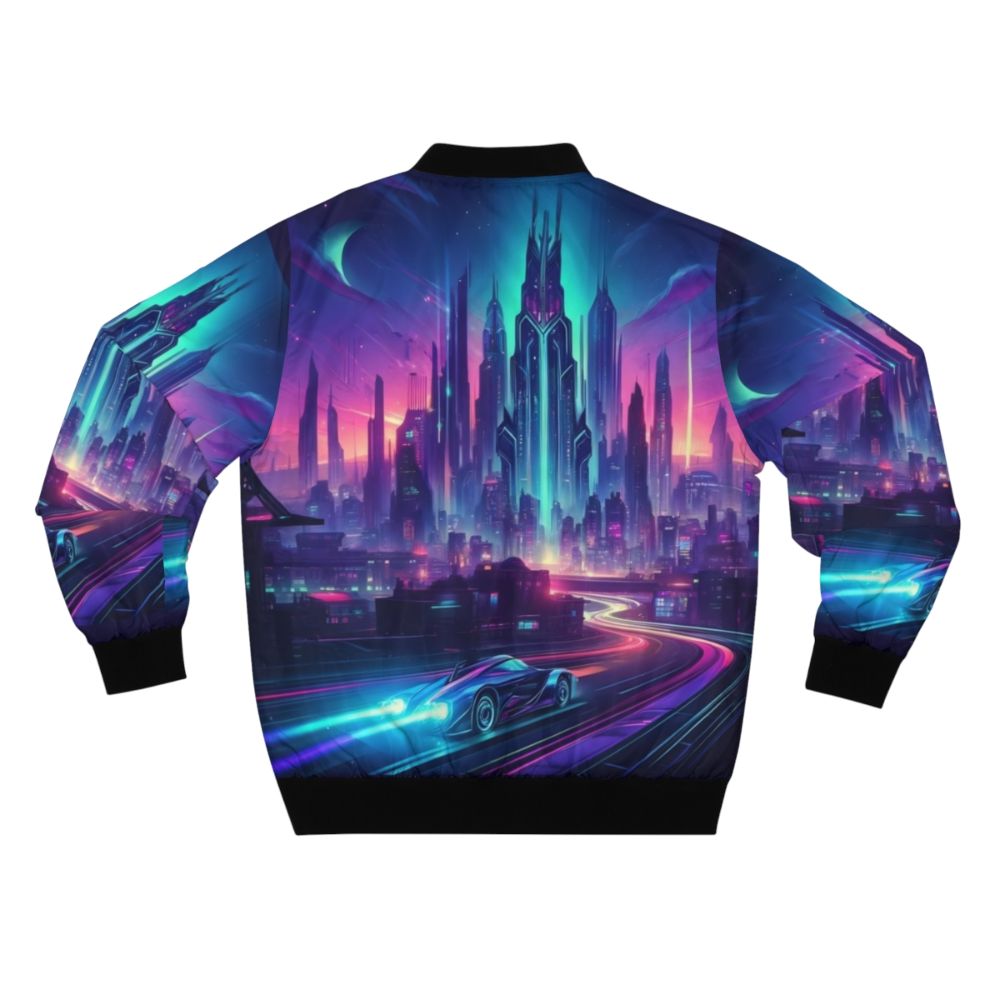 Futuristic city cyberpunk bomber jacket with neon lights and cityscape design - Back