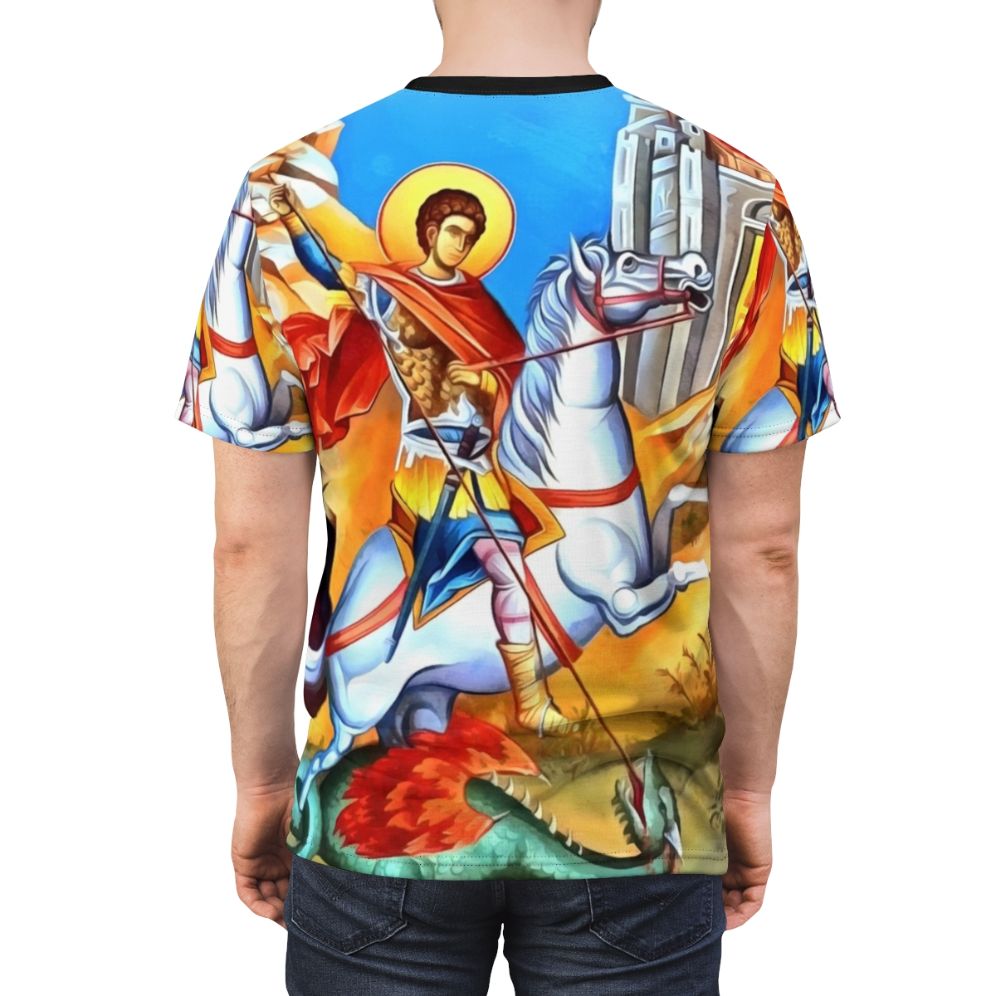 Illustration of Saint George riding a white horse, Christian faith apparel - men back