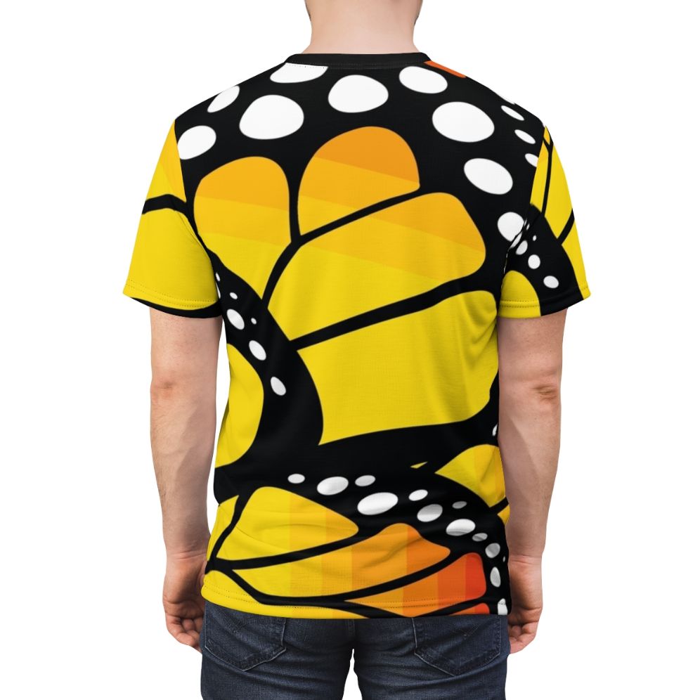 Vibrant orange monarch butterfly design on a high-quality t-shirt - men back