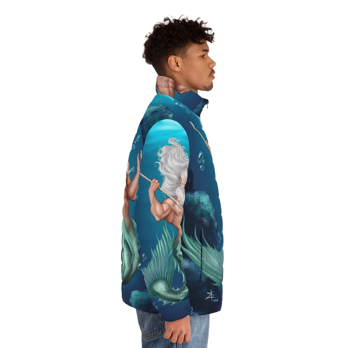 Glaukos Puffer Jacket - Merman inspired puffer jacket with oceanic and mythological design elements - men side right