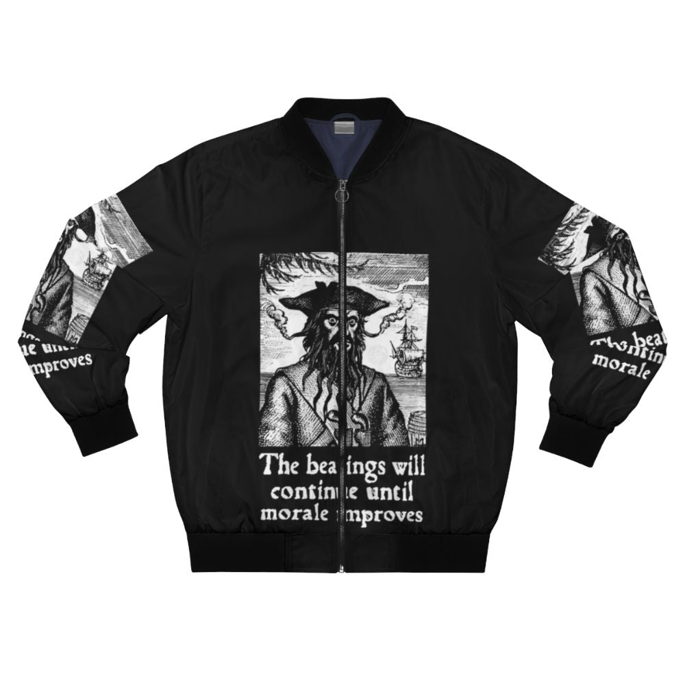 Pirate-inspired bomber jacket with the text "The Beatings Will Continue until Morale Improves"