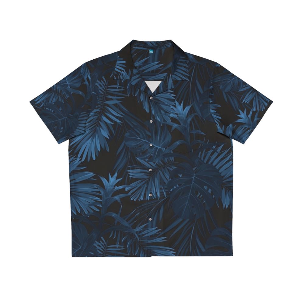 Dark indigo tropical Hawaiian shirt with floral and palm leaf pattern