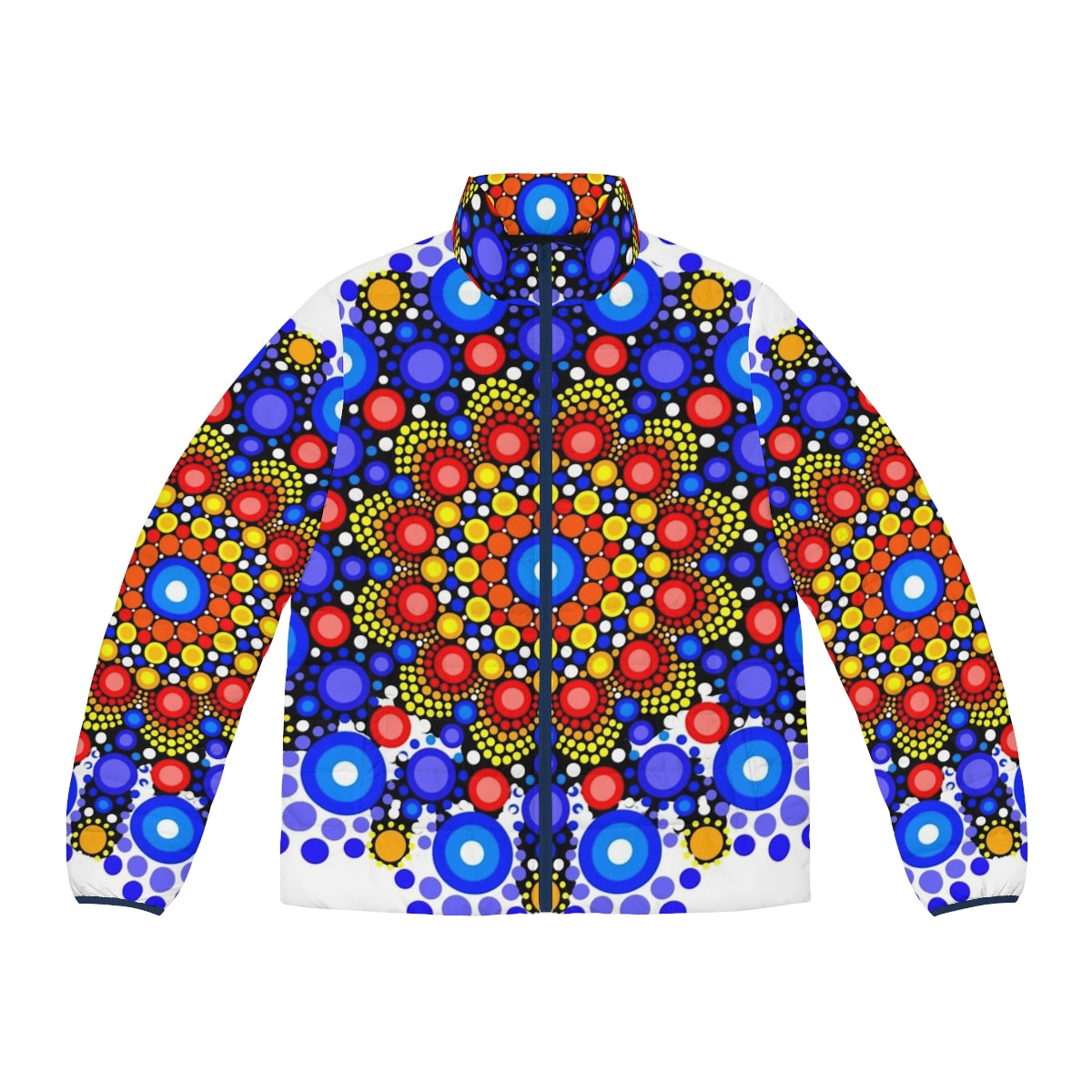 Vibrant circle pattern puffer jacket with a colorful and geometric mandala design