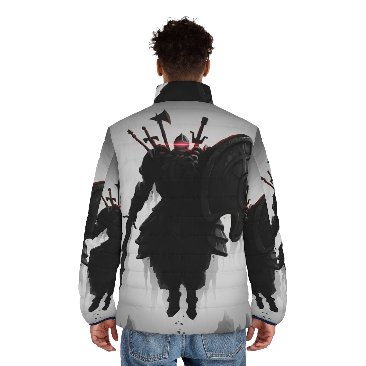 Dark Souls inspired Pursuer Puffer Jacket featuring Solaire, Artorias, and other iconic characters - men back