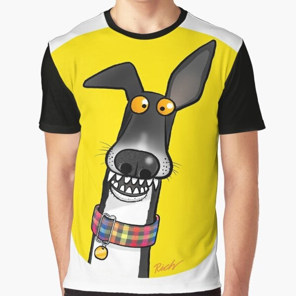 Graphic illustration of a greyhound, lurcher, and whippet with the text "Teefs!" on a t-shirt