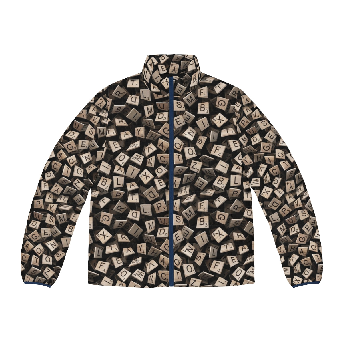 Scrabble tile pattern puffer jacket with a vibrant and playful design