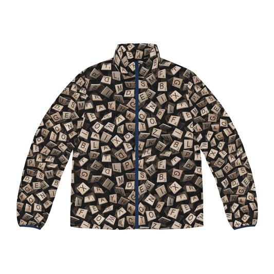 Scrabble tile pattern puffer jacket with a vibrant and playful design