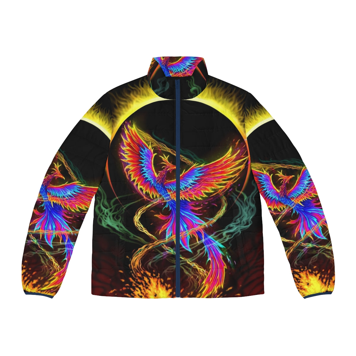 Phoenix rising above adversity puffer jacket with fire and smoke background