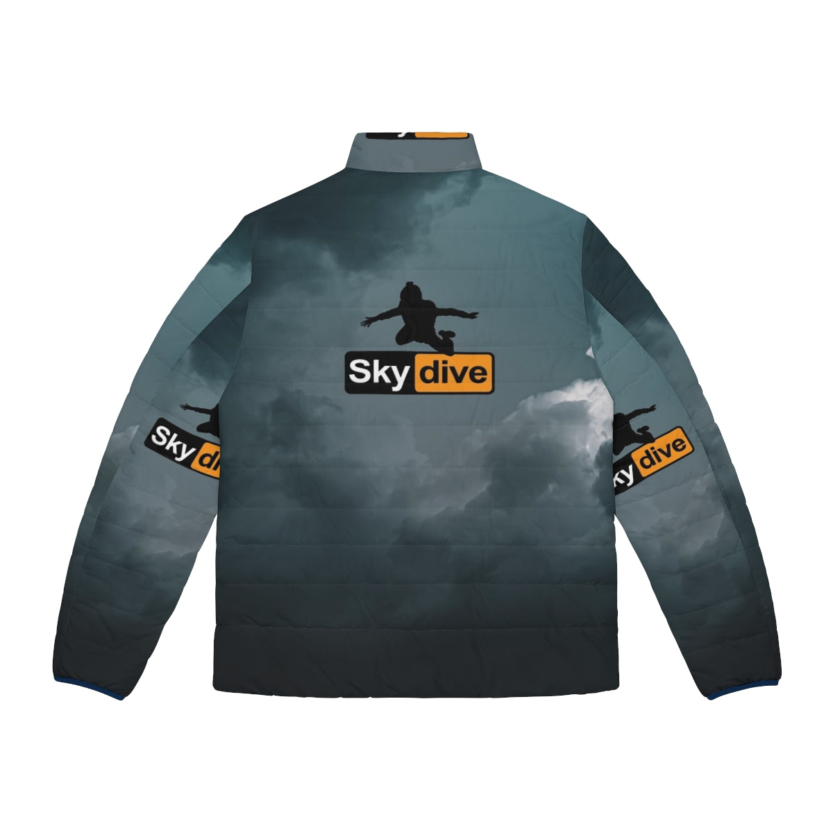 Skydiver in puffer jacket with skydiving logo design on cloudy background - Back