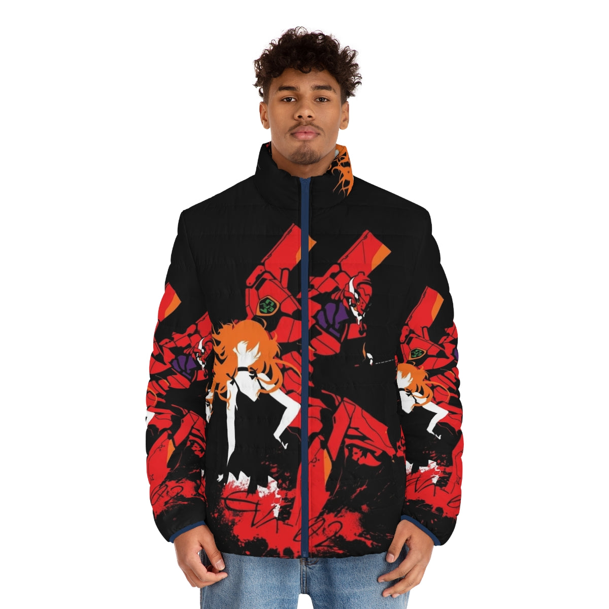 Evangelion Unit 02 Puffer Jacket featuring the iconic mech design from the anime series - men front