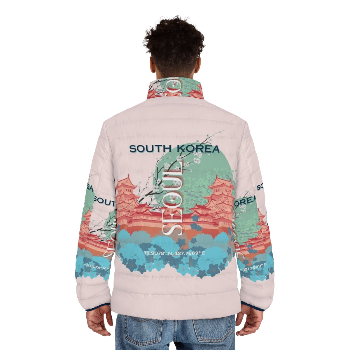 A stylish puffer jacket featuring a travel-inspired art design depicting the cityscape of Seoul, South Korea. - men back